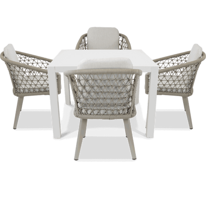 Bahamas Square Cafe 5 Piece Outdoor Setting in Arctic White with Rope Chairs - The Furniture Shack
