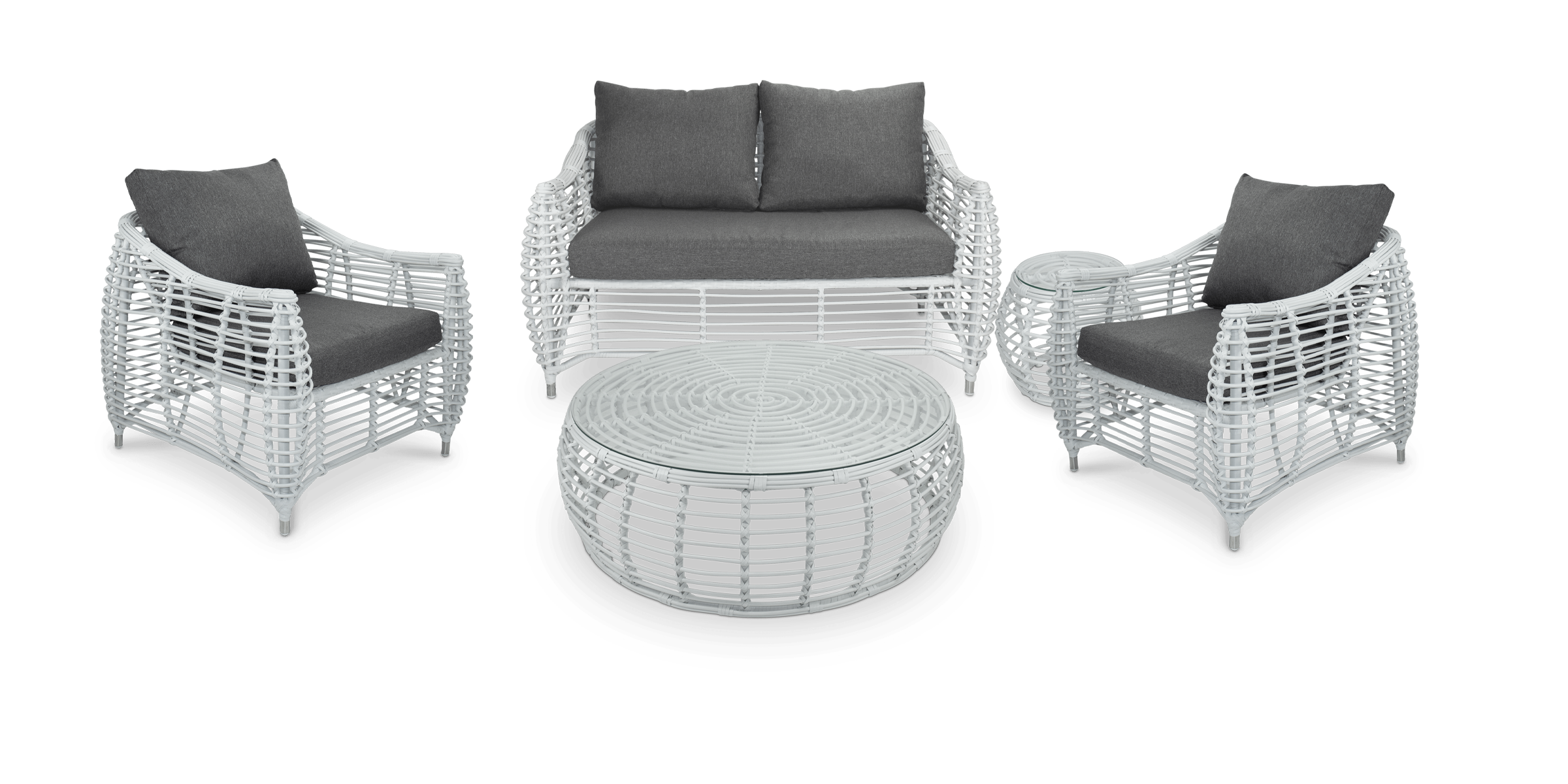 Barbados 2 Seater, 2 x Armchairs, Coffee & Side Table in Arctic White Wicker and Pebble Olefin Cushions