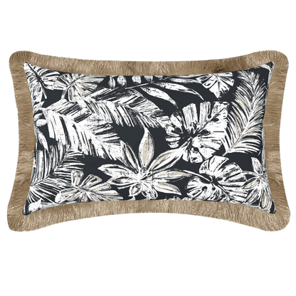 Tahiti Black Escape - 30x50cm Fringed Outdoor Cushion