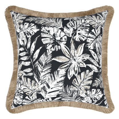 Tahiti Black Escape - 50x50cm Fringed Outdoor Cushion