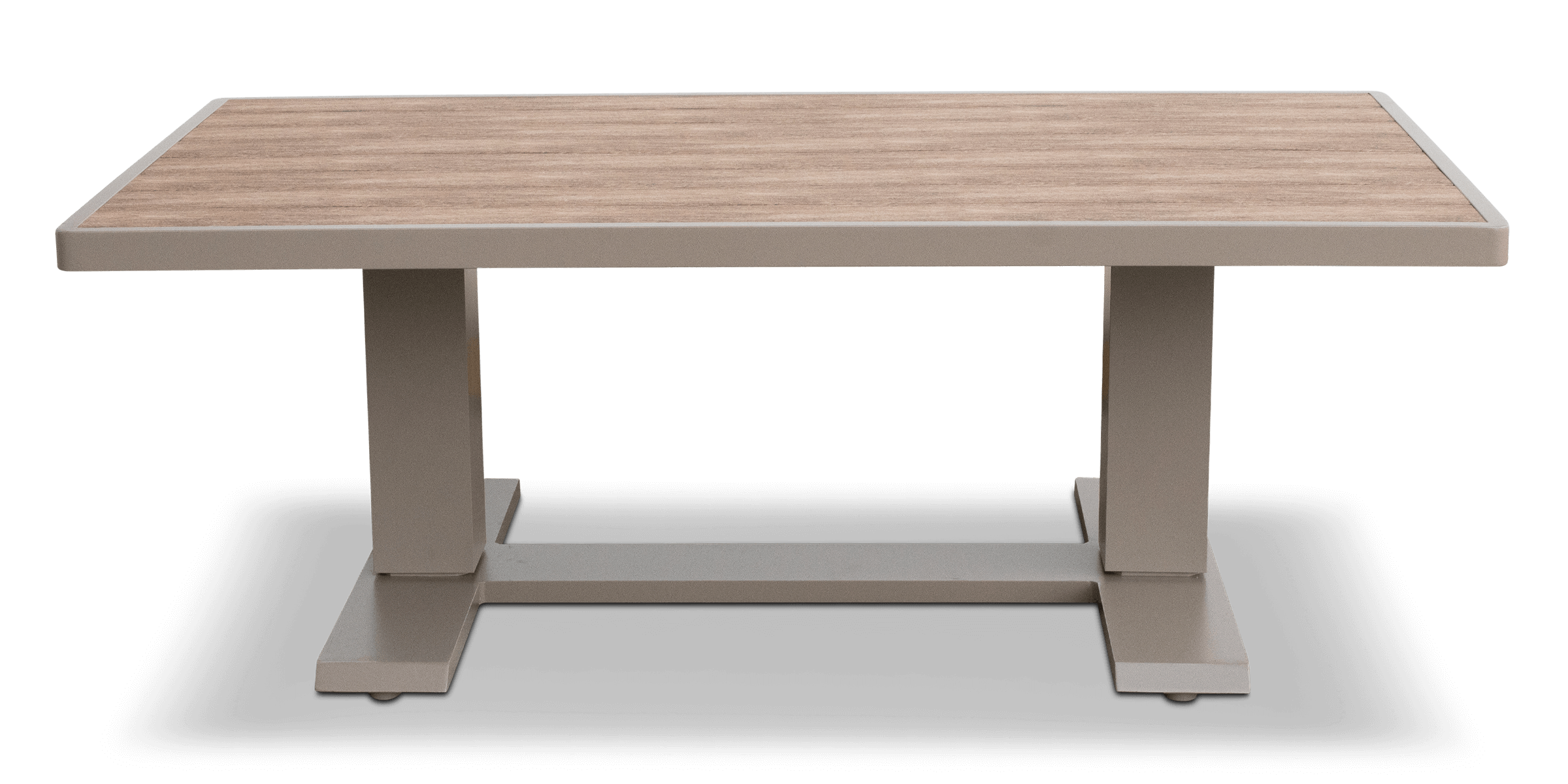 Positano Corner Lounge in Taupe with an Adjustable Coffee Table, Polywood Inset with Latte Check Spun Polyester Cushions