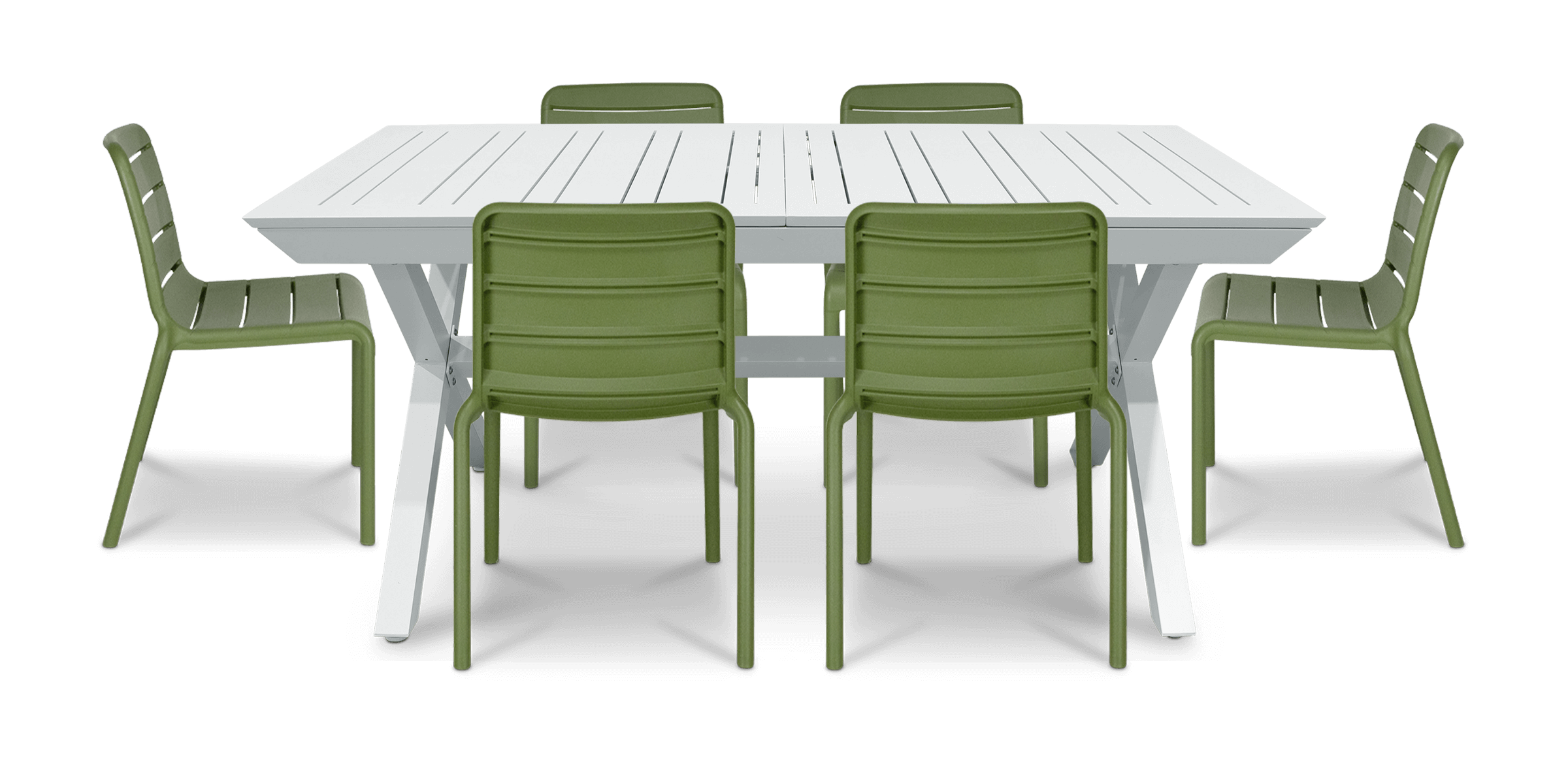 Caribbean Outdoor Extension Table in White with Aura UV Plastic Outdoor Chairs (PP)