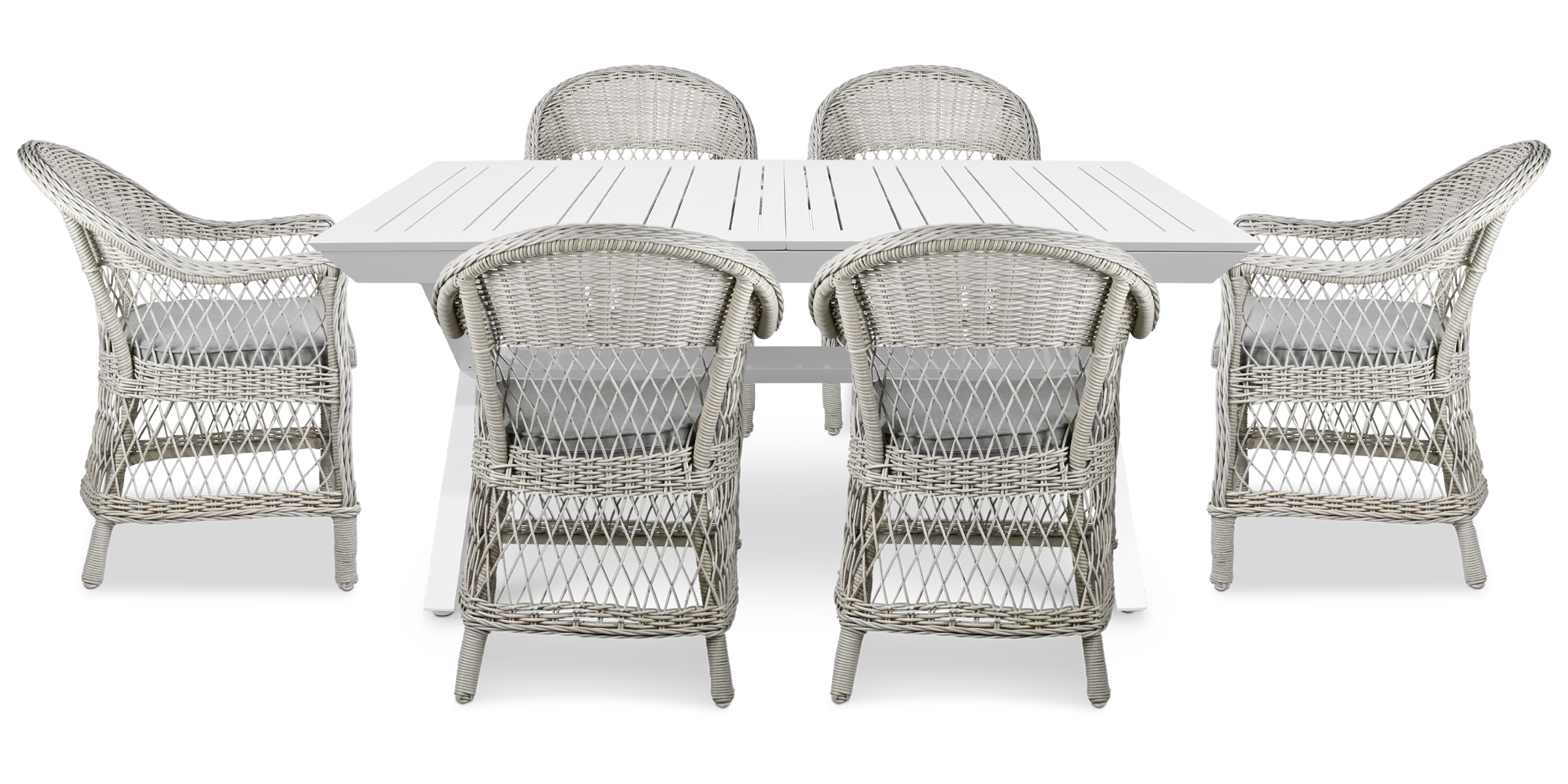 Caribbean Outdoor Extension Table in White with Wicker Chairs