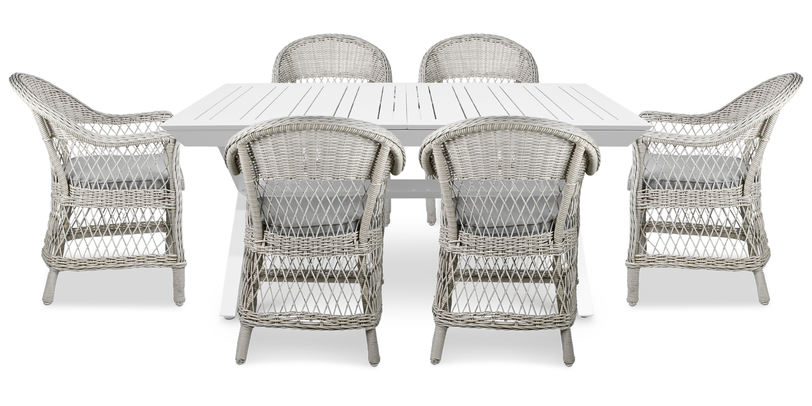 Caribbean Outdoor Extension Table in White with Wicker Chairs - The Furniture Shack