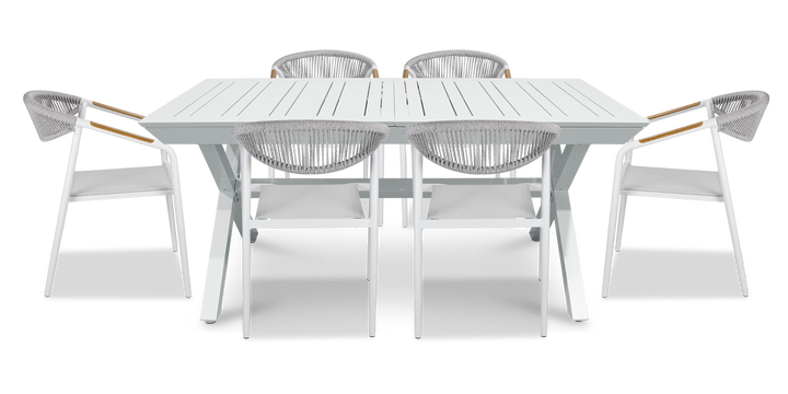 Caribbean Outdoor Extension Table in White with Rope Chairs