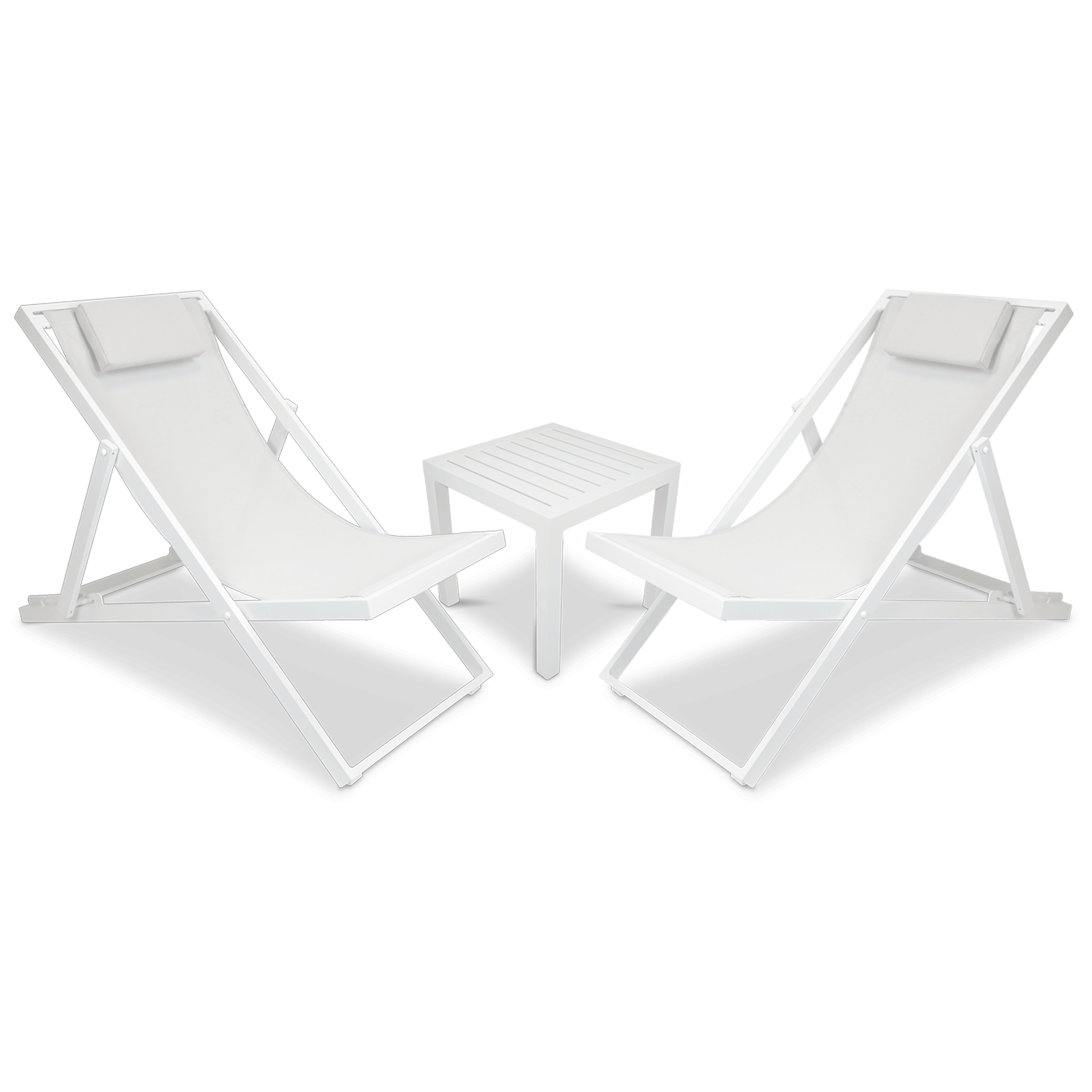 Chill Deck Chair and San Sebastian 3pc Occasional Set in Arctic White and Stone Grey Textilene