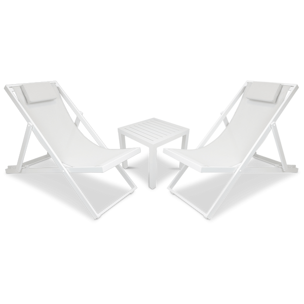 Chill Deck Chair and San Sebastian 3pc Occasional Set in Arctic White and Stone Grey Textilene