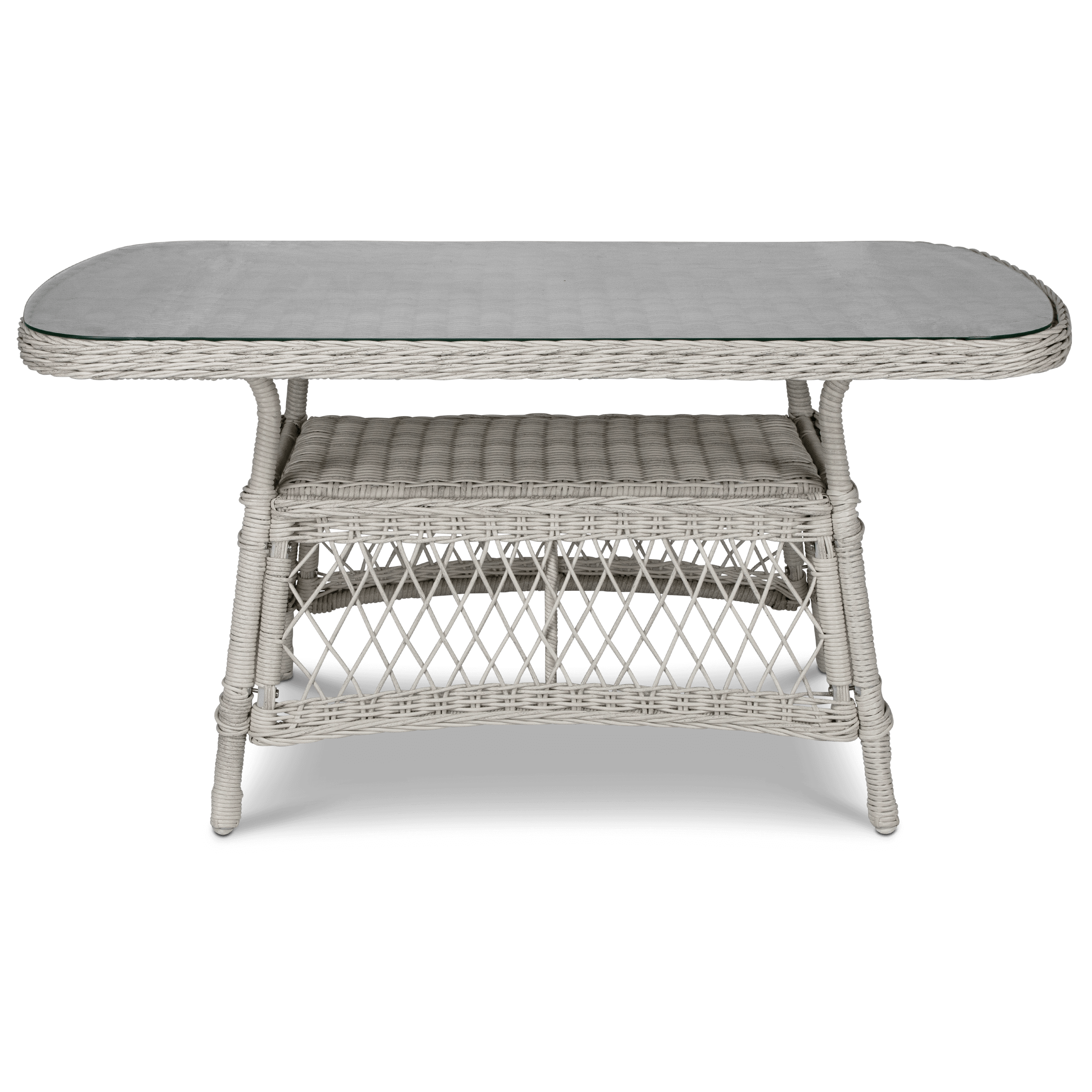 Hamptons Outdoor Wicker Lounge with 3 Seater, 2 x Armchairs, Coffee & Side Table in Dune Spunpoly Cushions
