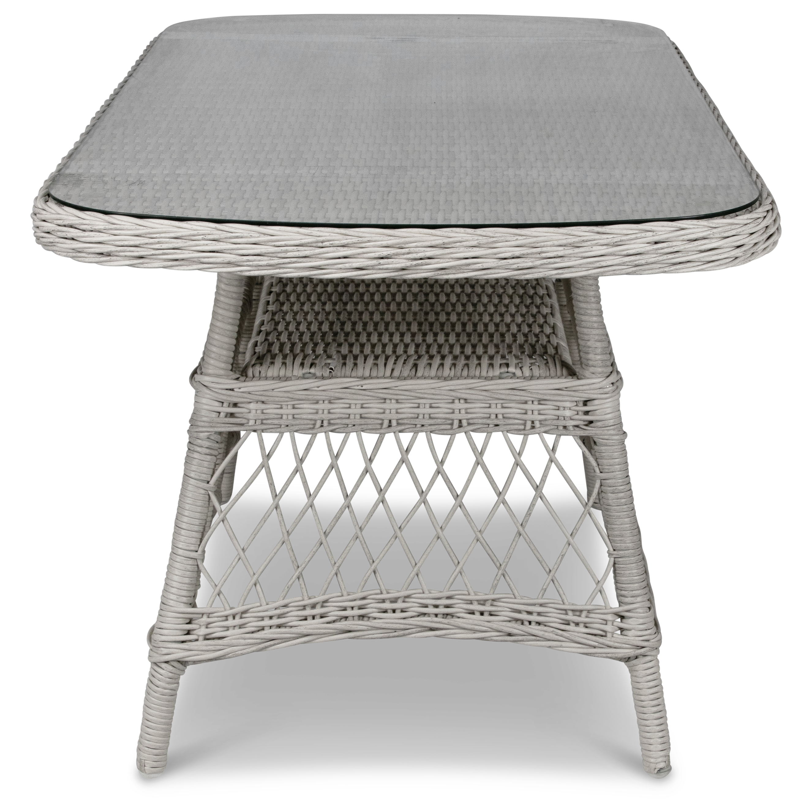 Hamptons Outdoor Wicker Lounge with 3 Seater, 2 x Armchairs and Coffee Table in Dune Spunpoly Cushions