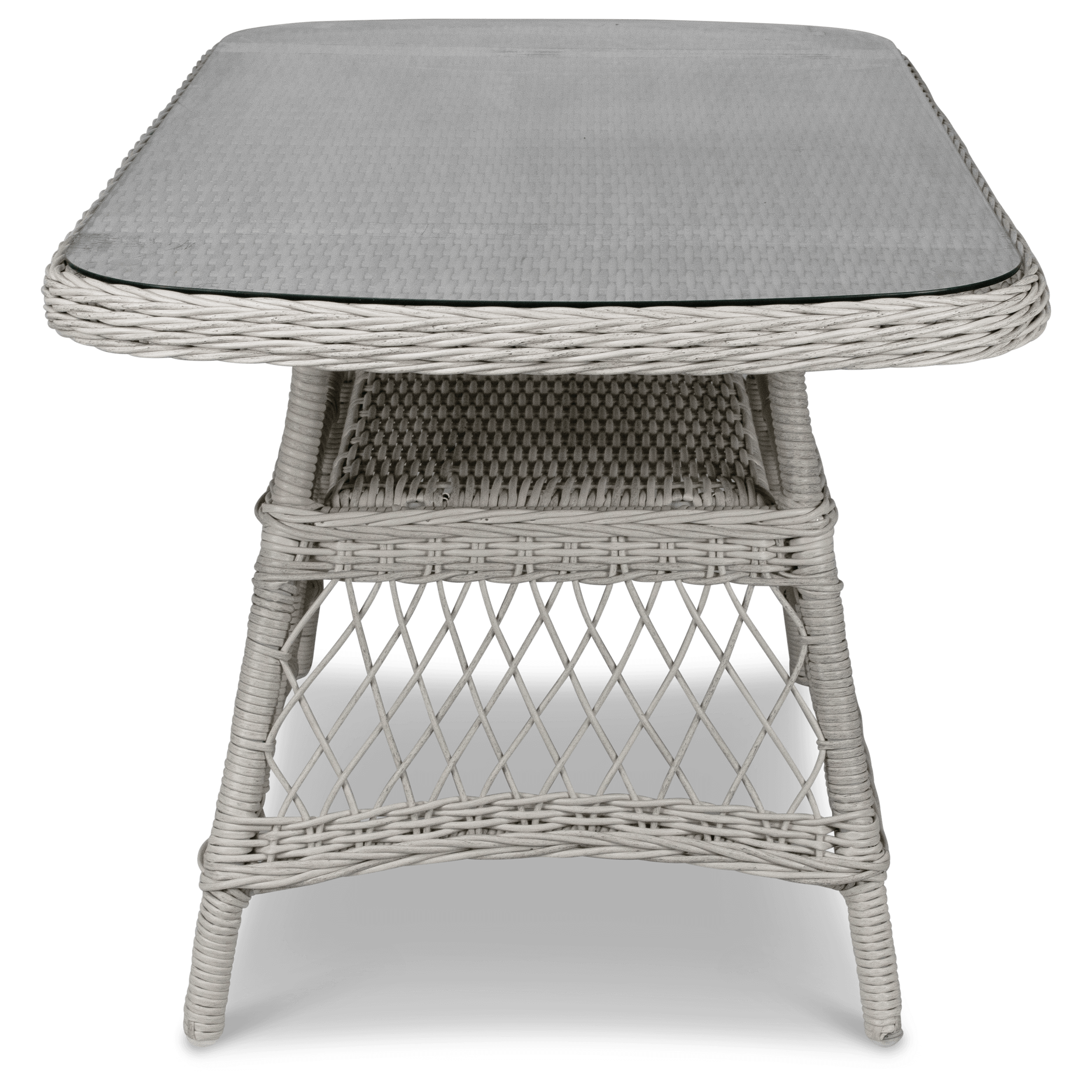 Hamptons Outdoor Wicker Lounge with 3 Seater, 2 x Armchairs, Coffee & Side Table in Dune Spunpoly Cushions