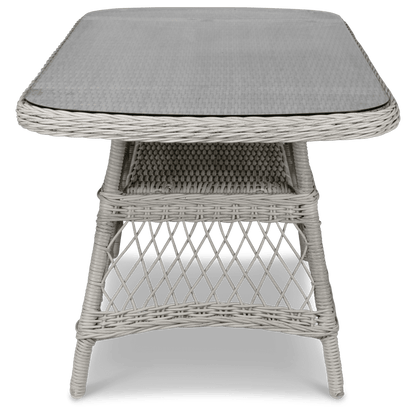 Hamptons Outdoor Wicker Lounge with 3 Seater, 2 x Armchairs, Coffee & Side Table in Dune Spunpoly Cushions