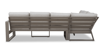 Positano Corner Lounge in Taupe with an Adjustable Coffee Table, Polywood Inset with Latte Check Spun Polyester Cushions