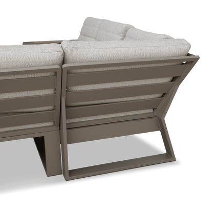 Positano Corner Lounge in Taupe with an Adjustable Coffee Table, Polywood Inset with Latte Check Spun Polyester Cushions