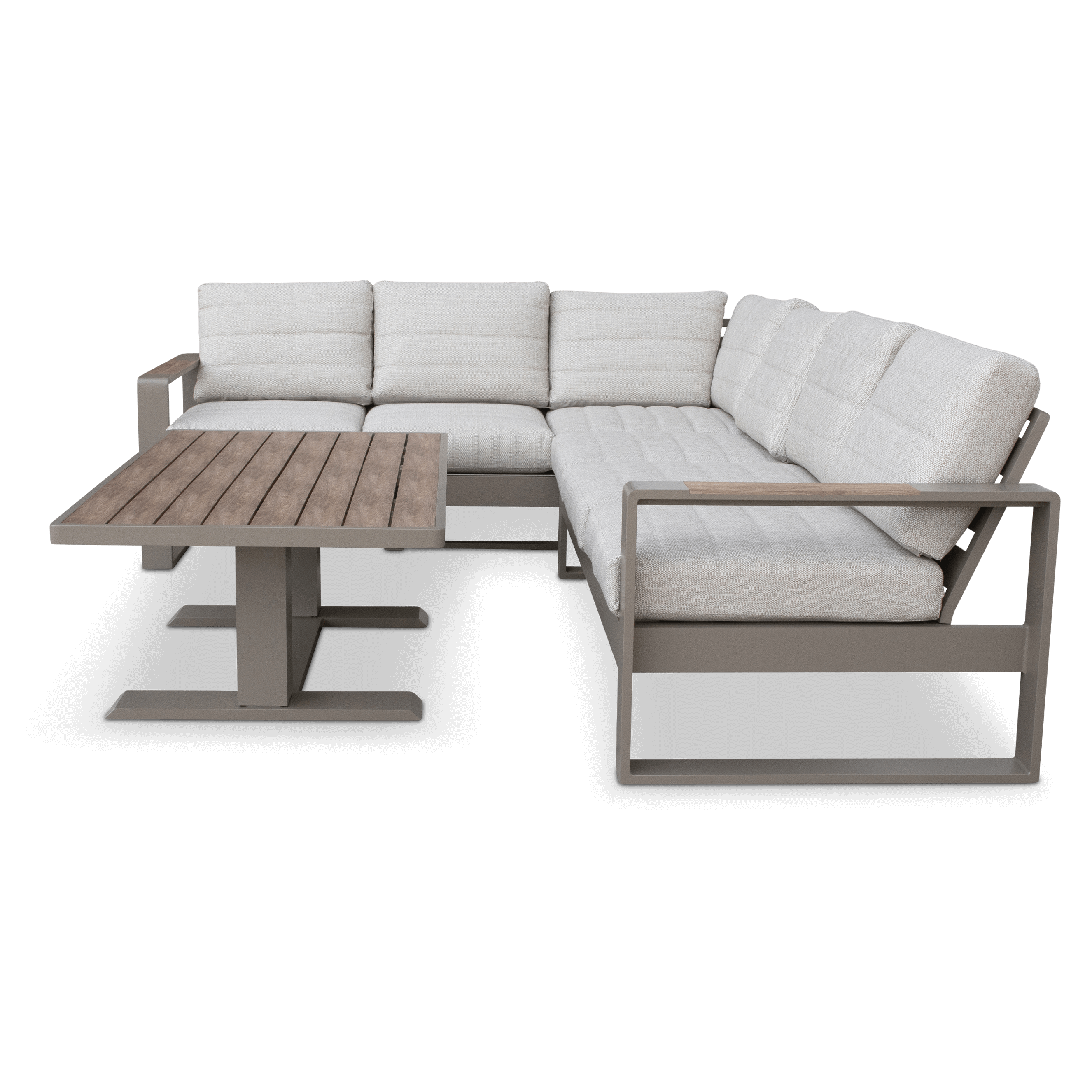 Positano Corner Lounge in Taupe with an Adjustable Coffee Table, Polywood Inset with Latte Check Spun Polyester Cushions