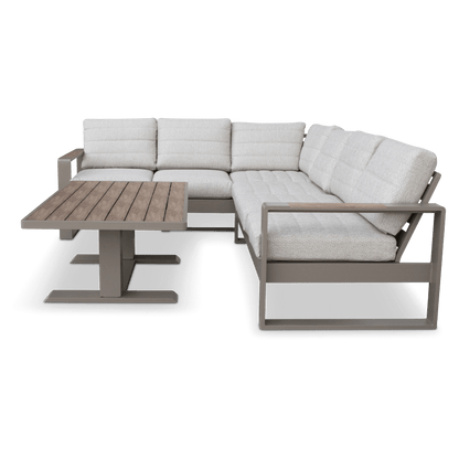 Positano Corner Lounge in Taupe with an Adjustable Coffee Table, Polywood Inset with Latte Check Spun Polyester Cushions