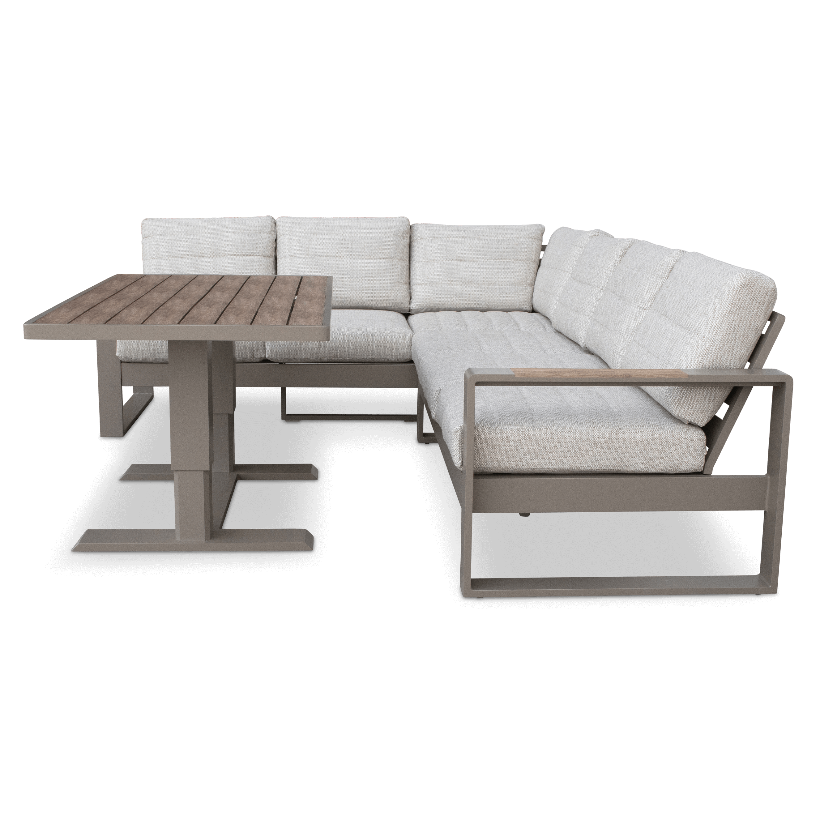 Positano Corner Lounge in Taupe with an Adjustable Coffee Table, Polywood Inset with Latte Check Spun Polyester Cushions