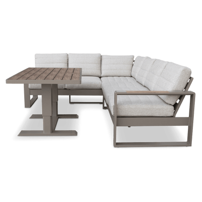 Positano Corner Lounge in Taupe with an Adjustable Coffee Table, Polywood Inset with Latte Check Spun Polyester Cushions