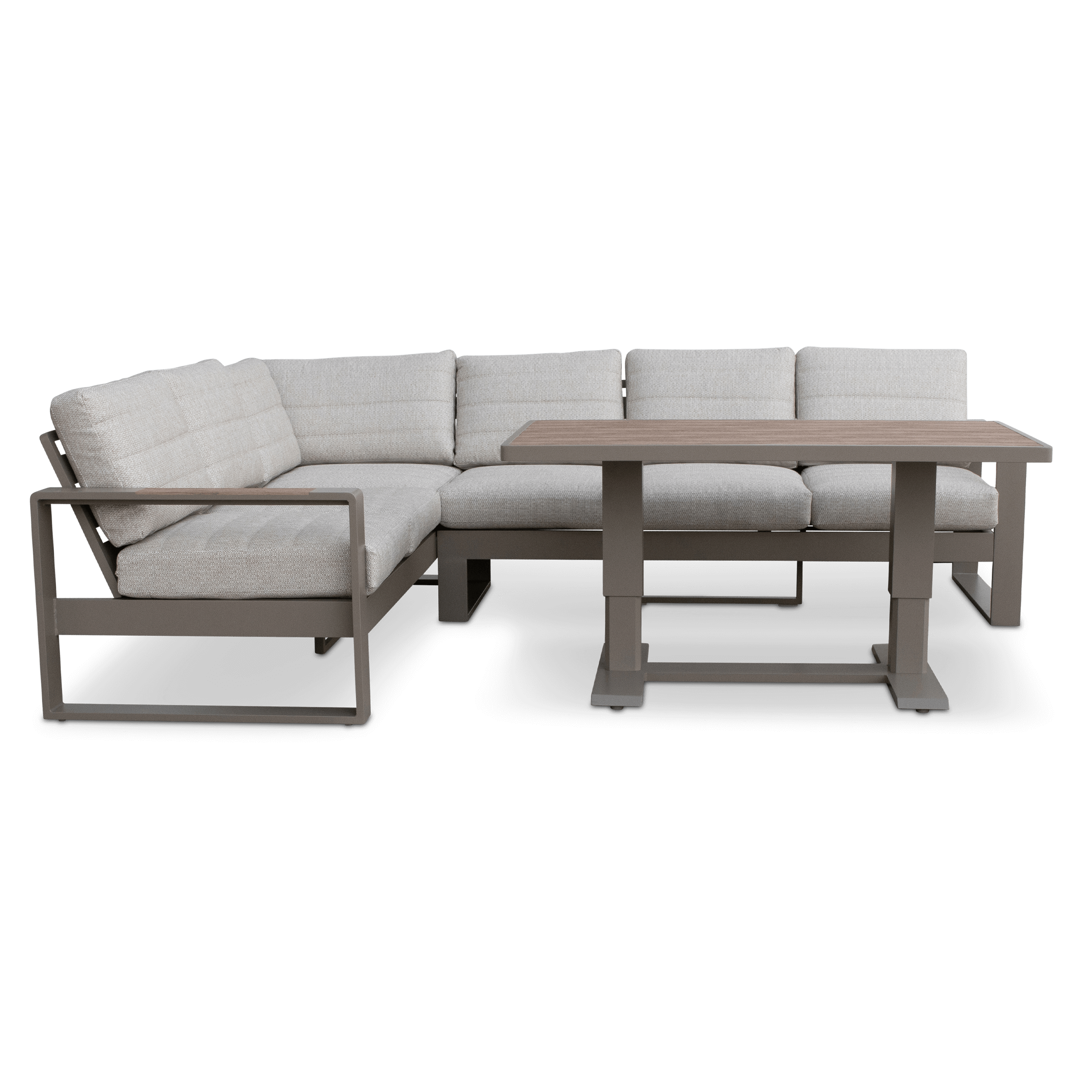 Positano Corner Lounge in Taupe with an Adjustable Coffee Table, Polywood Inset with Latte Check Spun Polyester Cushions