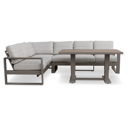 Positano Corner Lounge in Taupe with an Adjustable Coffee Table, Polywood Inset with Latte Check Spun Polyester Cushions