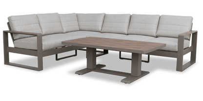 Positano Corner Lounge in Taupe with an Adjustable Coffee Table, Polywood Inset with Latte Check Spun Polyester Cushions