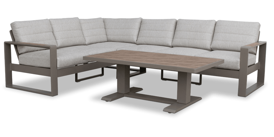 Positano Corner Lounge in Taupe with the Aveiro Adjustable Coffee Table, Polywood Inset with Latte Check Spun Polyester Cushions