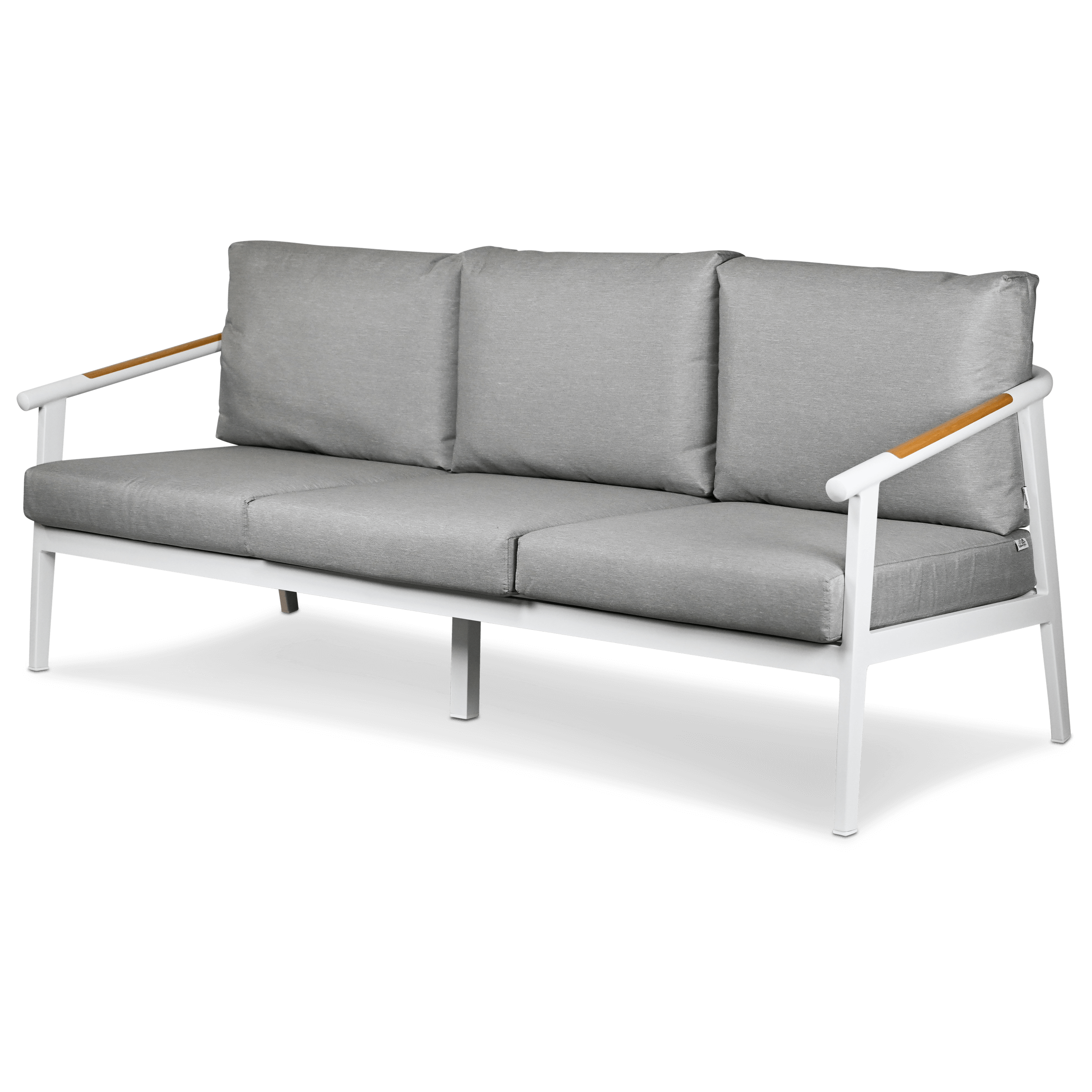 Porto 3 Seater with 2 x Armchair & Amalfi Coffee Table in Arctic White with Teak Polywood Accent and Spuncrylic Stone Grey Cushions