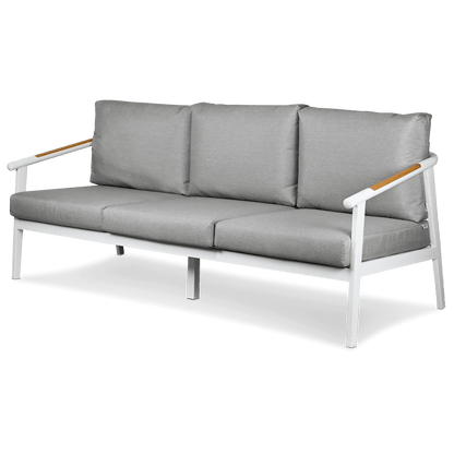 Porto 3 Seater with 2 x Armchair & Amalfi Coffee Table in Arctic White with Teak Polywood Accent and Spuncrylic Stone Grey Cushions