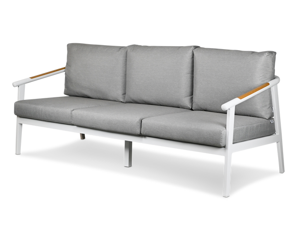 Porto 3 Seater in Arctic White Aluminium Frame with Teak Polywood Accent and Spuncrylic Stone Grey Cushions