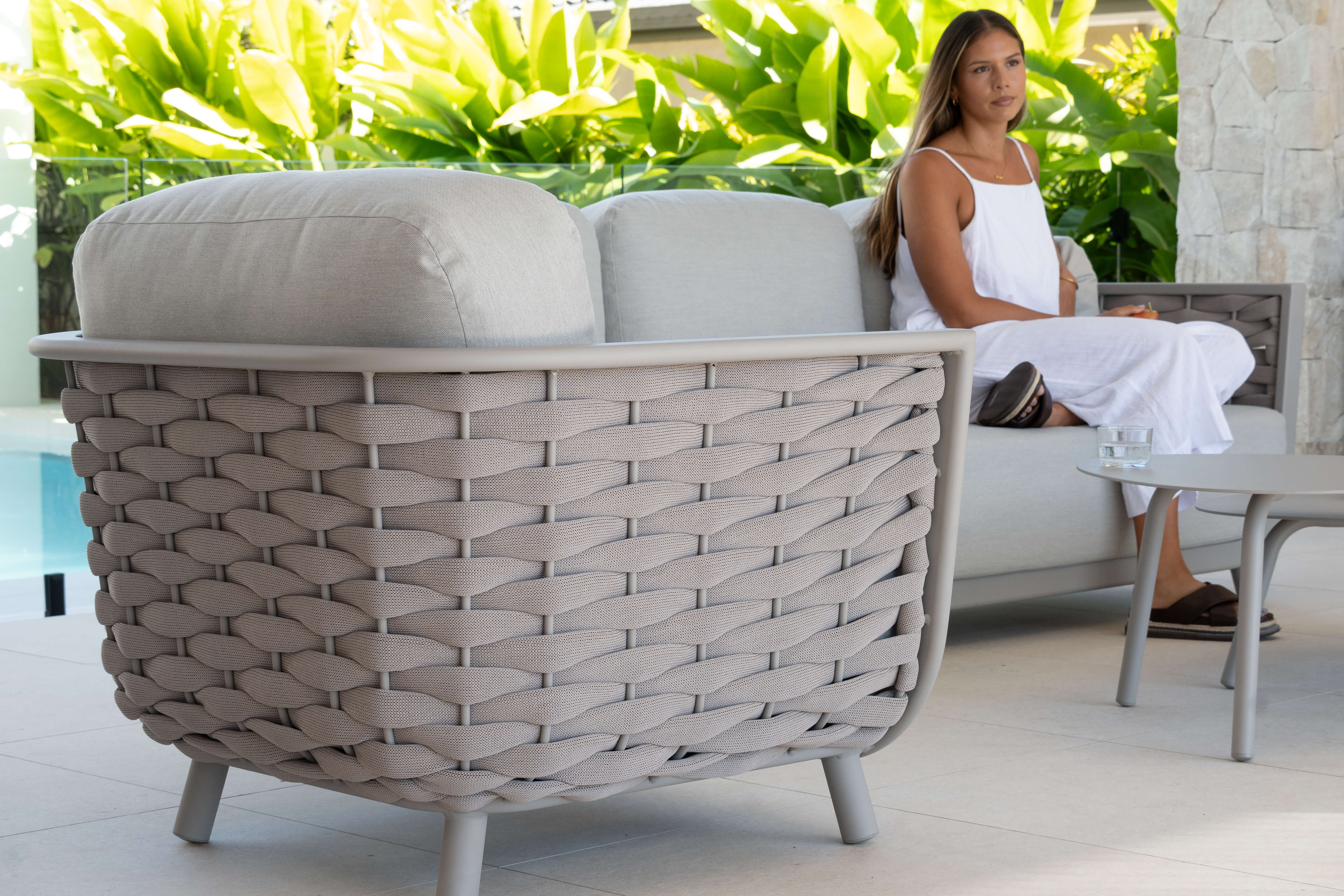 Allure Armchair in Fawn with Dune Spunpoly Cushions and Olefin Rope
