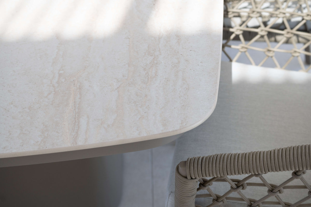 Trieste Dining Table in Taupe Aluminium and Travertine Ceramic Stone