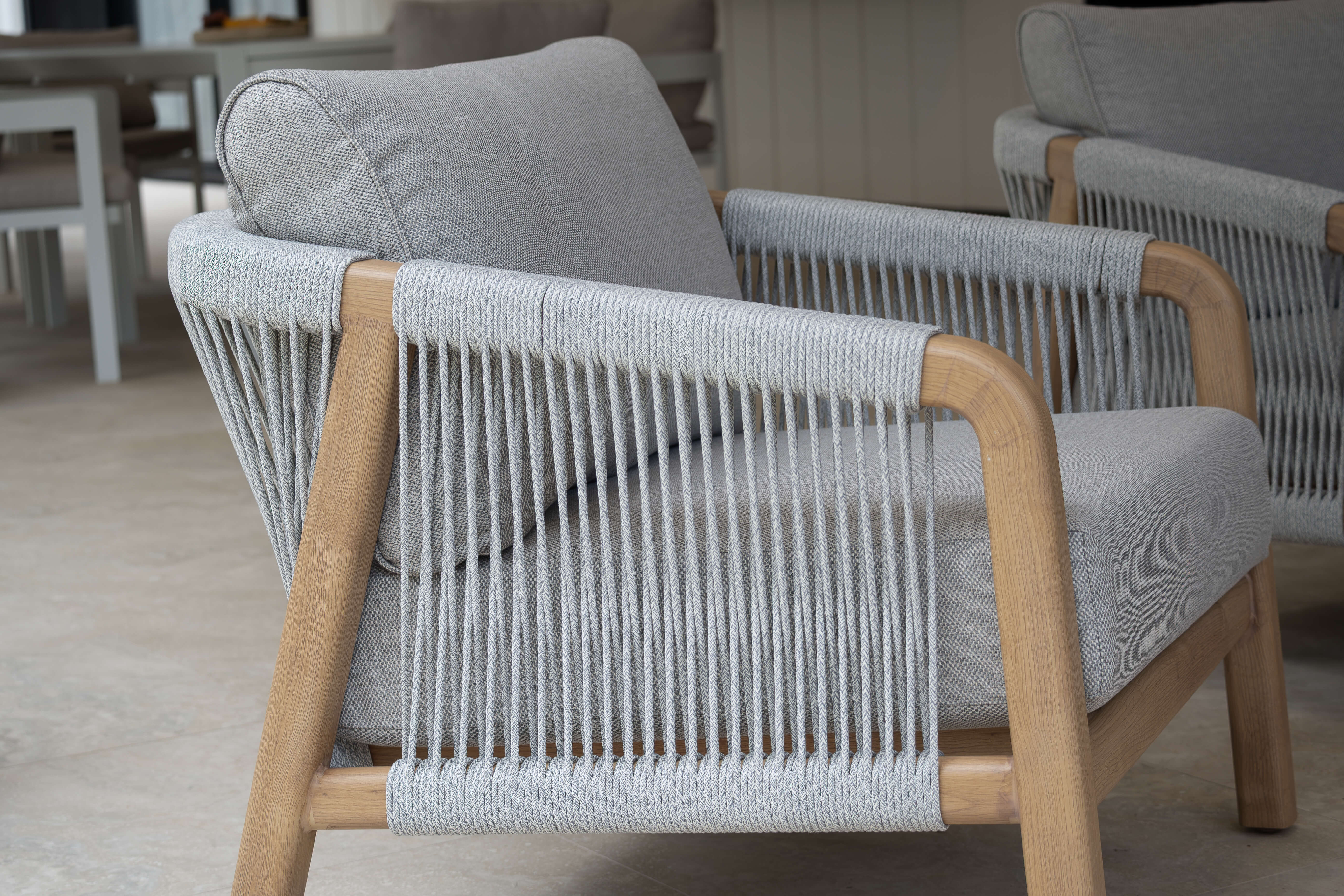 Daintree Armchair with Pebble Olefin Rope, Pebble Olefin Cushions and Teak Look Aluminium Frame