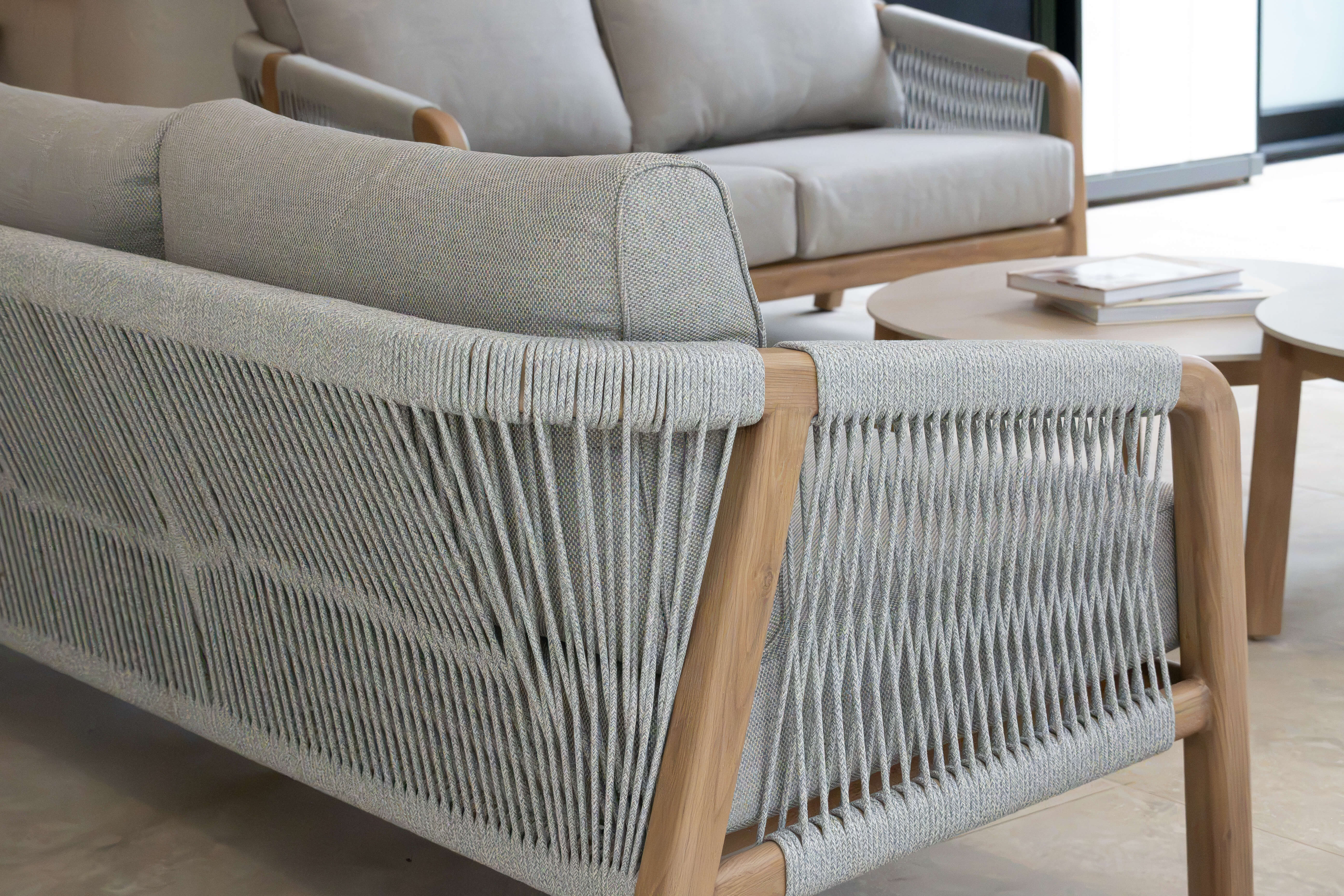Daintree 3 Seater with Pebble Olefin Rope, Pebble Olefin Cushions and Teak Look Aluminium Frame