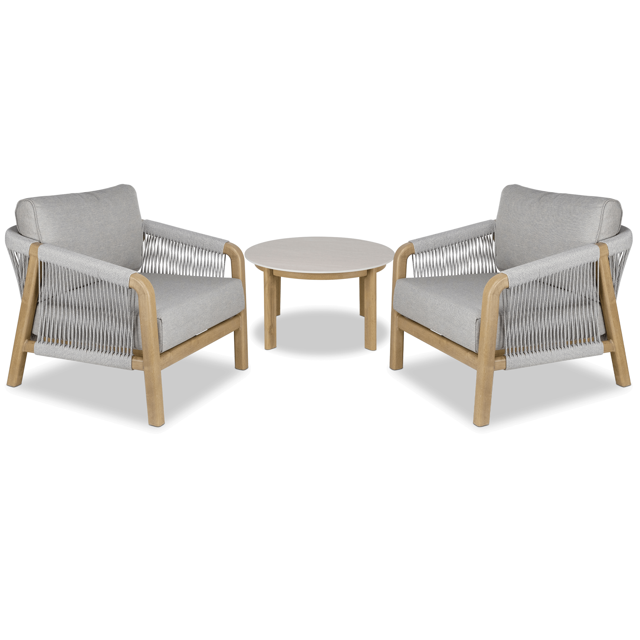 Daintree 3pc Occasional Set with Pebble Olefin Rope, Pebble Olefin Cushions and Teak Look Aluminium Frame