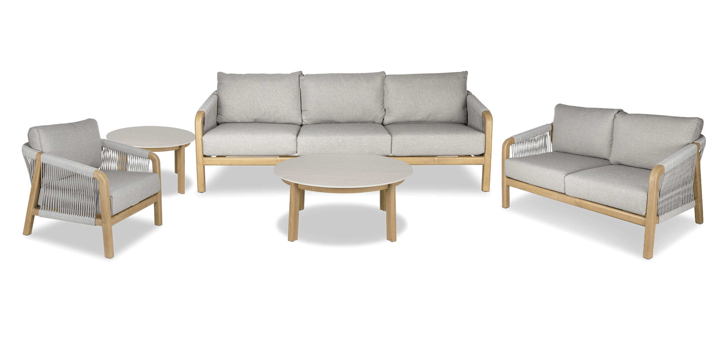 Daintree 5 piece Lounge Set with Pebble Olefin Rope, Pebble Olefin Cushions and Teak Look Aluminium Frame