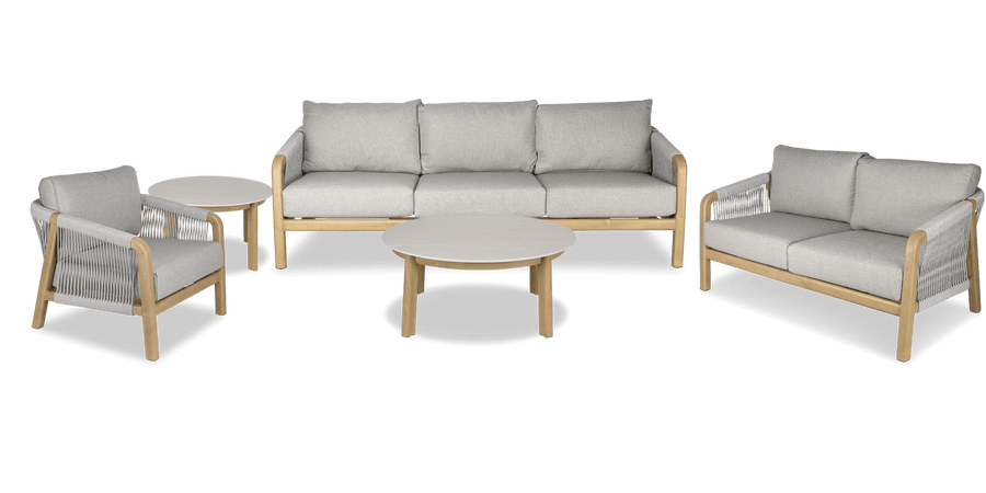 Daintree 5 piece Lounge Set with Pebble Olefin Rope, Pebble Olefin Cushions and Teak Look Aluminium Frame