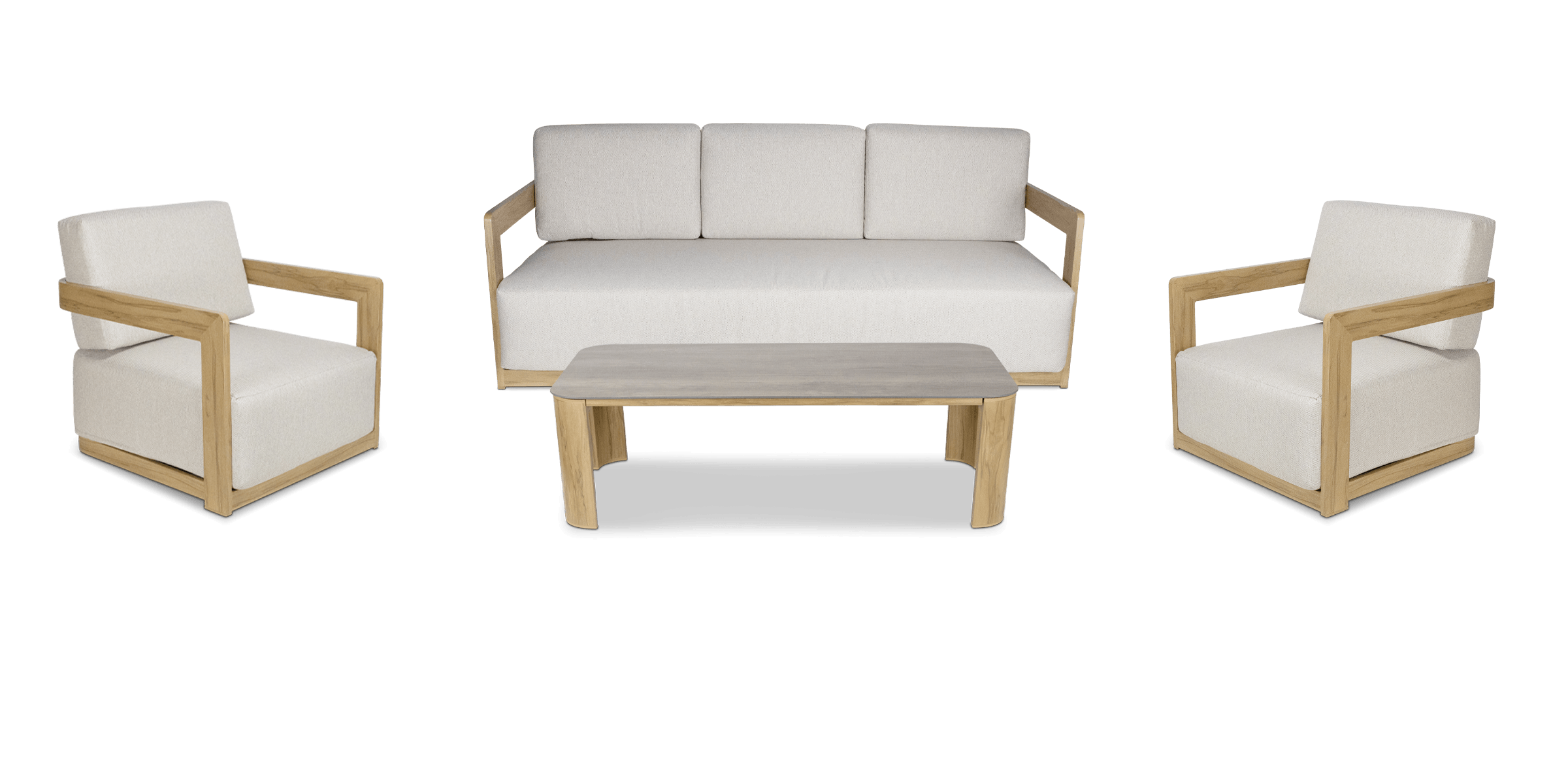 Eclipse 3 Seater with 2 x Armchair and Coffee Table in Sofe Beige Olefin Cushions and Teak Finish Aluminium Frame