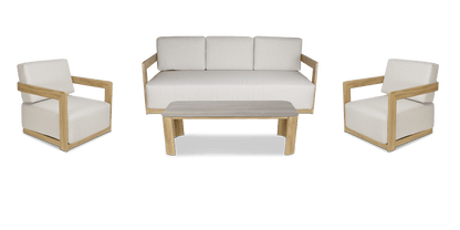 Eclipse 3 Seater with 2 x Armchair and Coffee Table in Sofe Beige Olefin Cushions and Teak Finish Aluminium Frame
