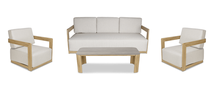 Eclipse 3 Seater with 2 x Armchair and Coffee Table in Sofe Beige Olefin Cushions and Teak Finish Aluminium Frame