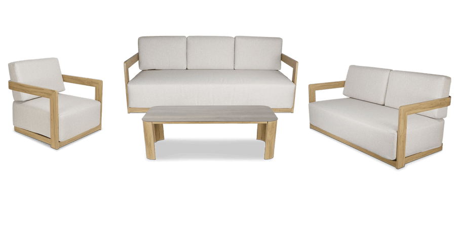 Eclipse 4pc Lounge Set in Sofe Beige Olefin Cushions and Teak Finish Aluminium Frame