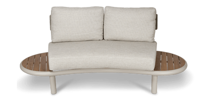 Evoke Curved 2 Seater Lounge in Fawn and Latte Check Fabric with Teak Accent