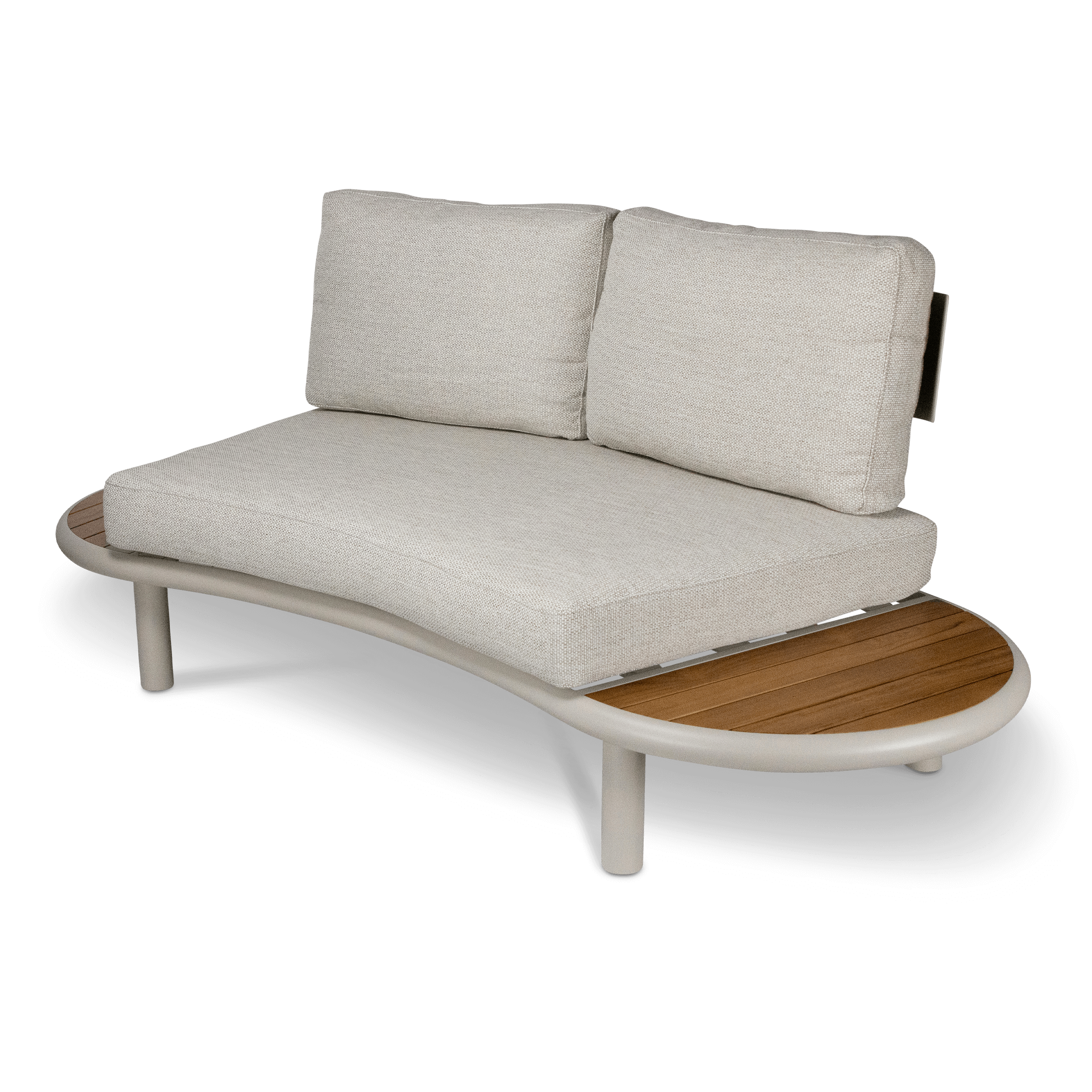 Evoke Curved 2 Seater Lounge in Fawn and Latte Check Fabric with Teak Accent