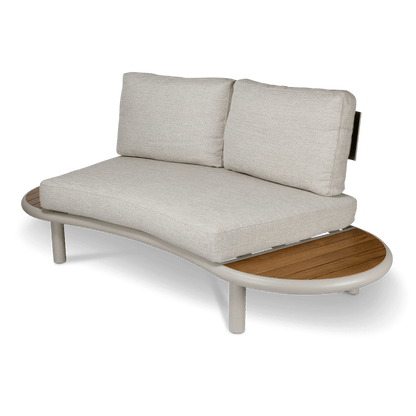 Evoke Curved 2 Seater Lounge in Fawn and Latte Check Fabric with Teak Accent