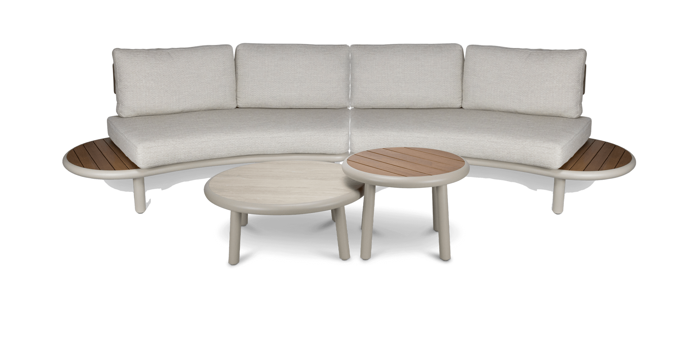 Evoke Curved 4 Seater Lounge (2 Piece) with Coffee and Side Table Set in Fawn