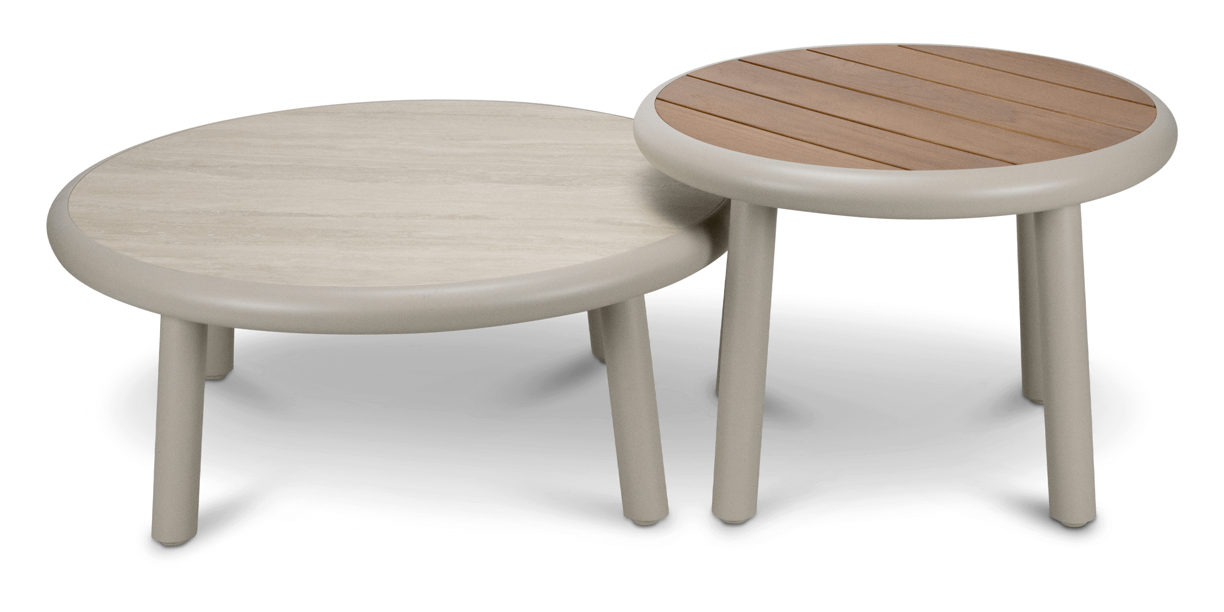 Evoke Curved 4 Seater Lounge (2 Piece) with Coffee and Side Table Set in Fawn