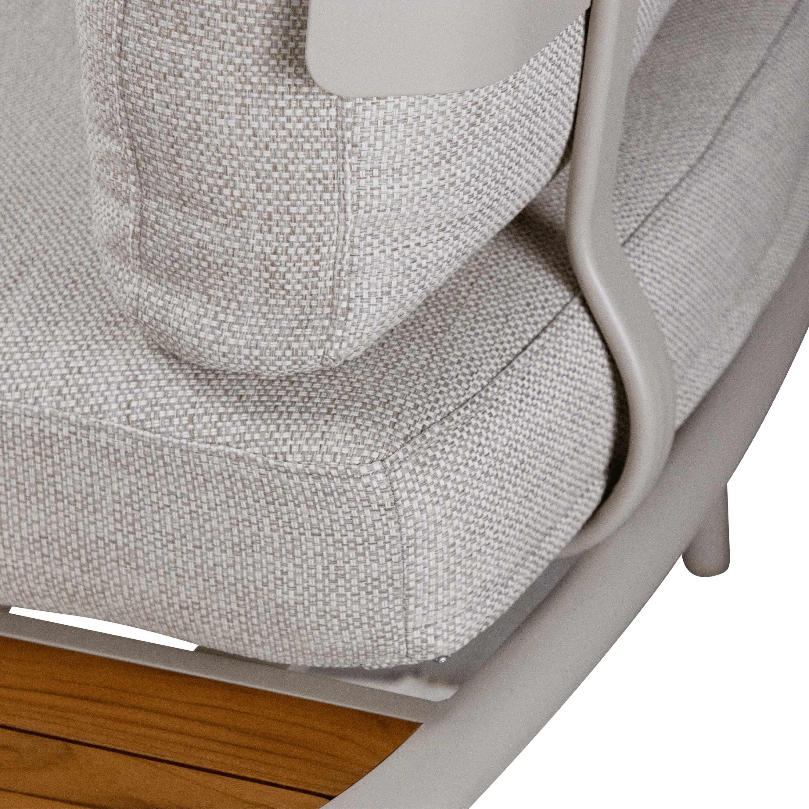 Evoke Curved 4 Seater Lounge (2 Piece) in Fawn and Latte Check Fabric with Teak Accent