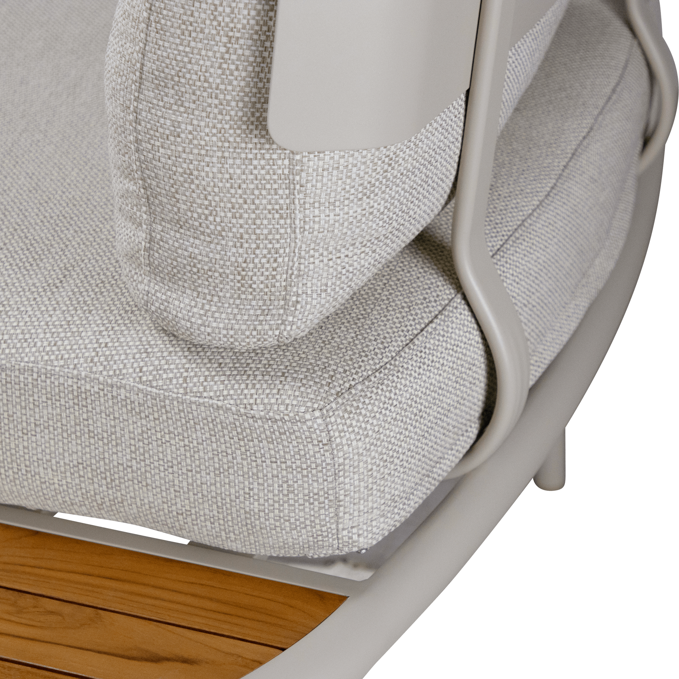 Evoke Curved 2 Seater Lounge in Fawn and Latte Check Fabric with Teak Accent