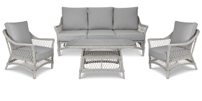 Hamptons Outdoor Wicker Lounge with 3 Seater, 2 x Armchairs and Coffee Table in Dune Spunpoly Cushions