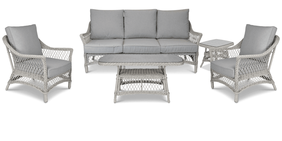 Hamptons Outdoor Wicker Lounge with 3 Seater, 2 x Armchairs, Coffee & Side Table in Dune Spunpoly Cushions