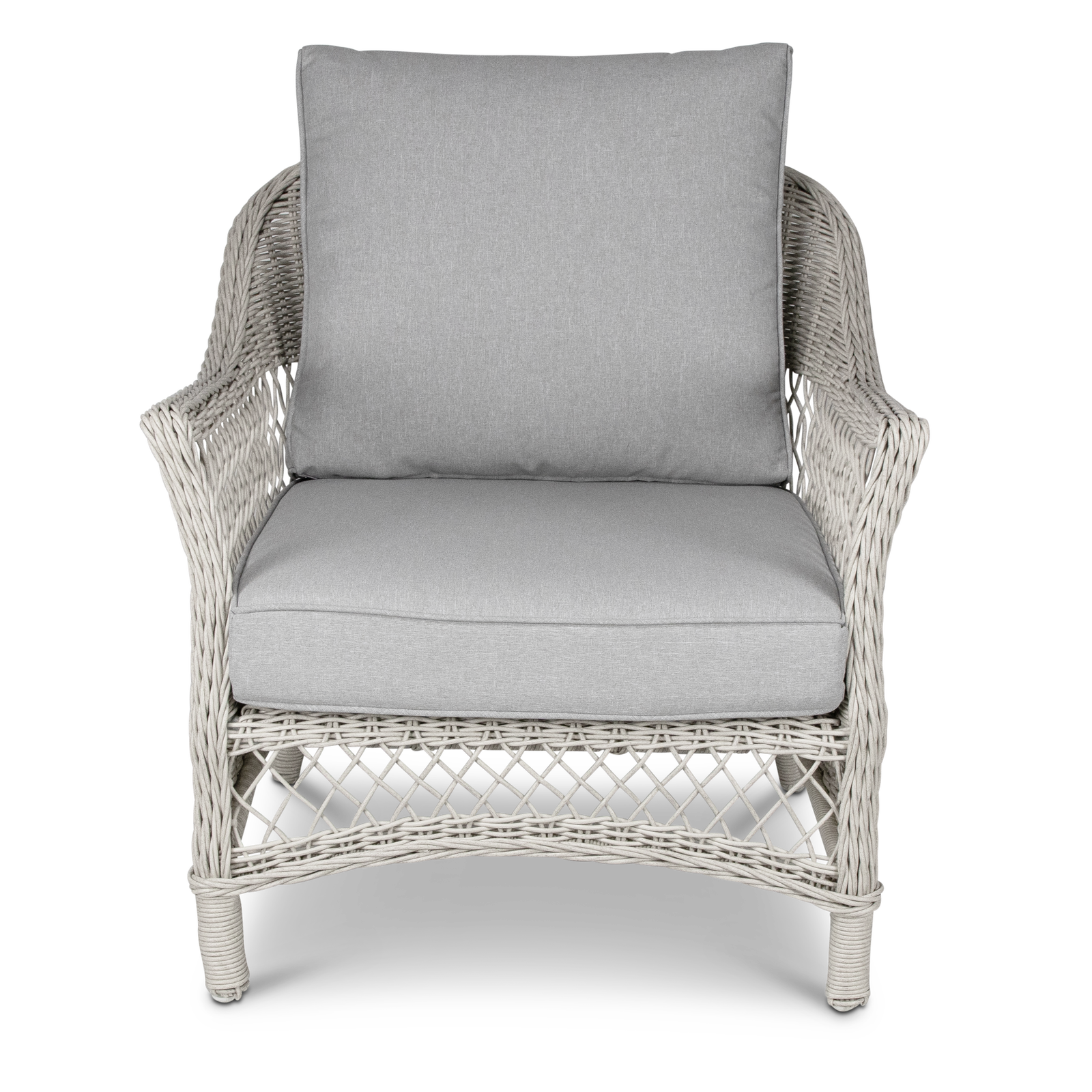 Hamptons Outdoor Wicker Armchair in Surfmist Wicker and Dune Spunpoly Cushions - The Furniture Shack
