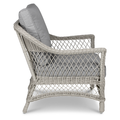 Hamptons Outdoor Wicker Armchair in Surfmist Wicker and Dune Spunpoly Cushions - The Furniture Shack